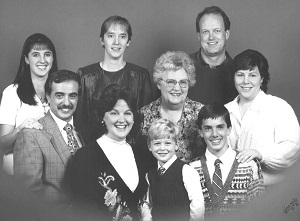 The Petrequin family in 1996. Back row, left to right: Alessandra Ciciriello, Linda Petrequin, Dennis Neebel. Front row, left to right: Isidoro (Rino) Ciciriella, Vicki Ciciriello, Dorothy Petriquin, Jonathan Neebel, Dominic Ciciriello, Judy Neebel)